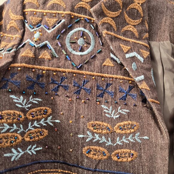Coldwater Creek Brown Embroidered Beaded Blazer Jacket Aztec - Picture 4 of 10